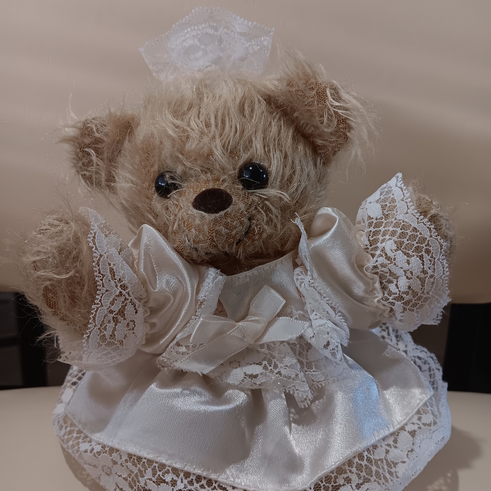 Elegant Cream Teddy Bear with Lace Dress
